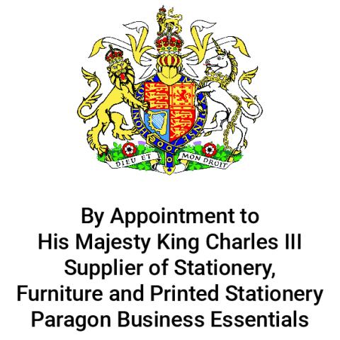 By appointment to his majesty king charles the 3rd supplier of stationery, furniture and printed stationery paragon business essentials 